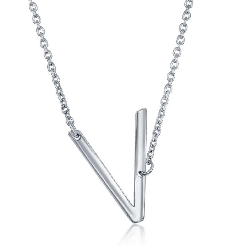 Ladies necklaces layered looks-Sterling Silver Sideways V Initial Necklace