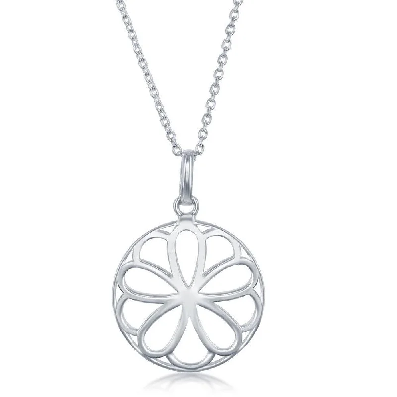 Ladies necklaces luxurious designs-Sterling Silver 17 Inch Round With Flower Necklace