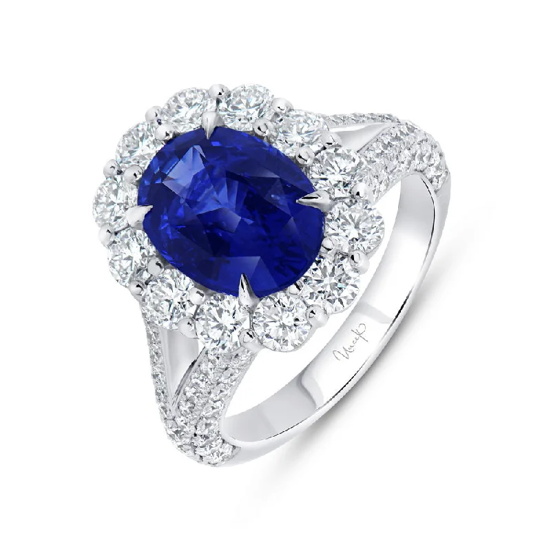 Ladies engagement rings heirloom pieces-Uneek Precious Collection Split Oval Shaped Blue Sapphire Engagement Ring