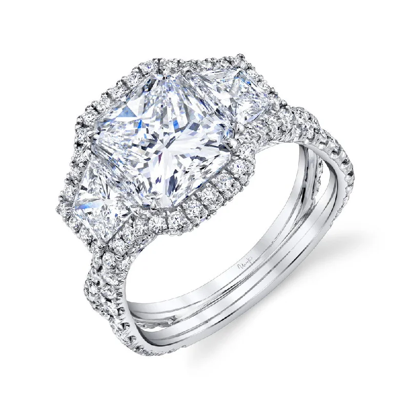 Ladies engagement rings retail shops-Uneek Signature Collection 3-Stone-Halo Radiant Diamond Engagement Ring