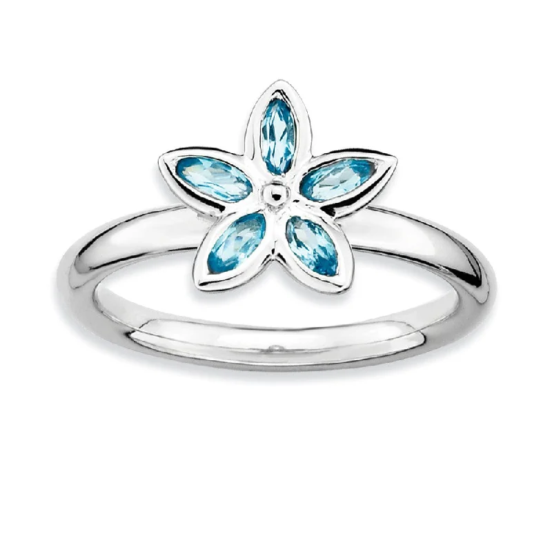 Ladies ring hypoallergenic-Silver Stackable .44 Cttw Blue Topaz Flower Ring