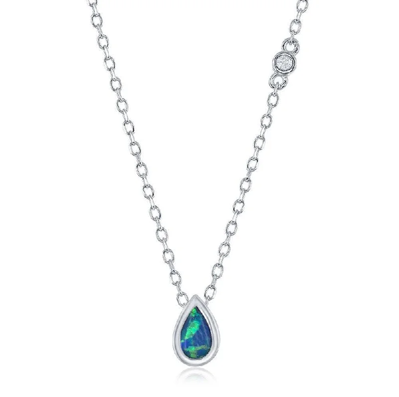 Ladies necklaces luxurious designs-Sterling Silver Blue Inlay Opal Teardrop with Single CZ Necklace