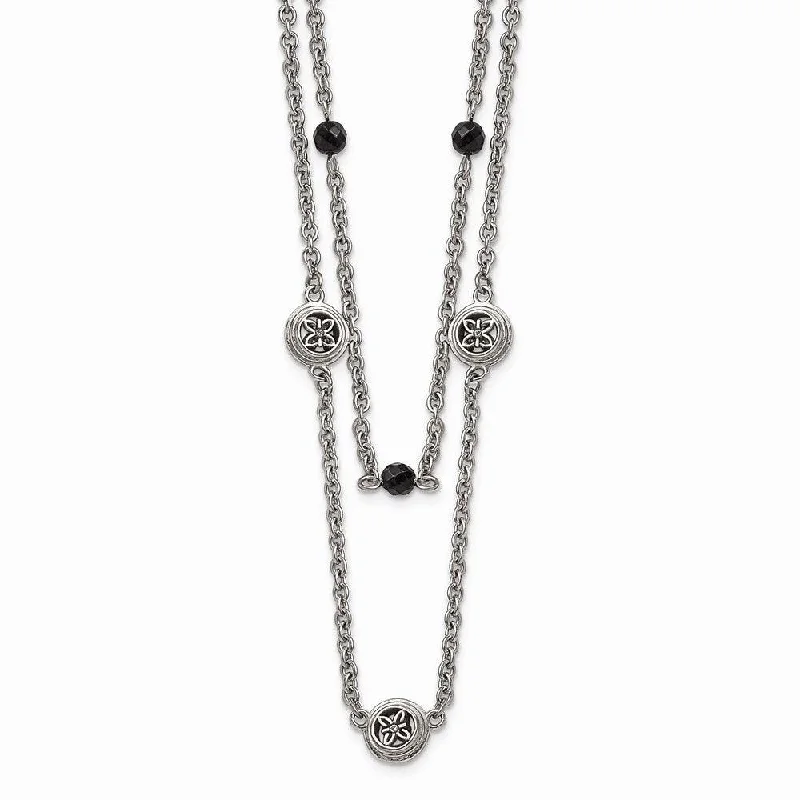 Ladies necklaces casual vibes-Stainless Steel Polished Black Onyx w/2in ext. Layered Necklace