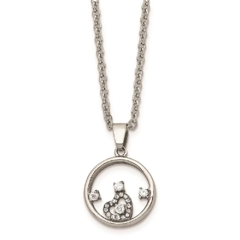 Ladies necklaces gold designs-Stainless Steel Round with Heart CZ Polished Necklace