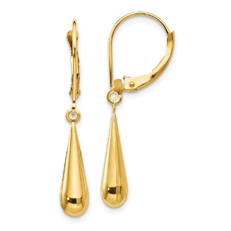 Ladies earrings diamond studs-3-D Teardrop Lever Back Dangle Earrings in 14k Yellow Gold