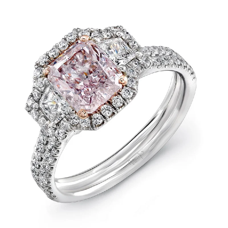 Ladies engagement rings high-end choices-Uneek Natureal Collection 3-Stone-Halo Radiant Pink Diamond Engagement Ring