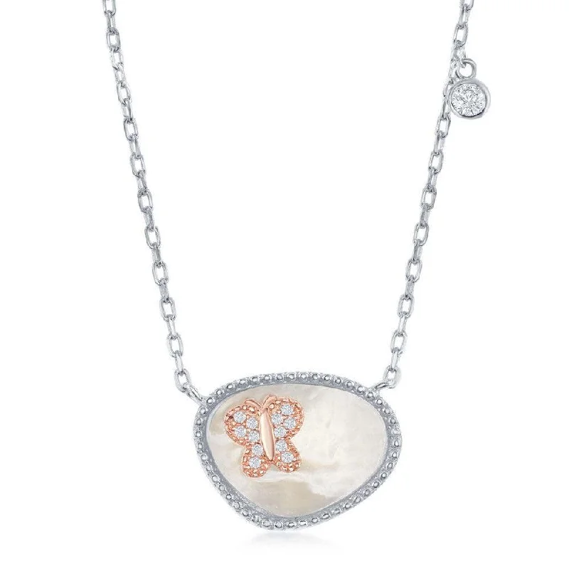 Ladies necklaces custom options-Sterling Silver MOP and RG CZ Butterfly with Single CZ Necklace