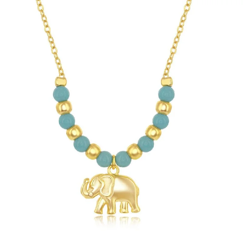 Ladies necklaces animal themes-Sterling Silver GP Turquoise & Plain Bead Elephant Charm Necklace