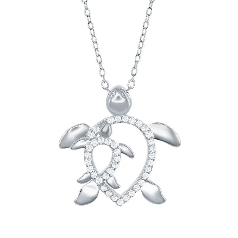 Ladies necklaces care tips-Sterling Silver Open CZ Turtle with Baby CZ Turtle Necklace