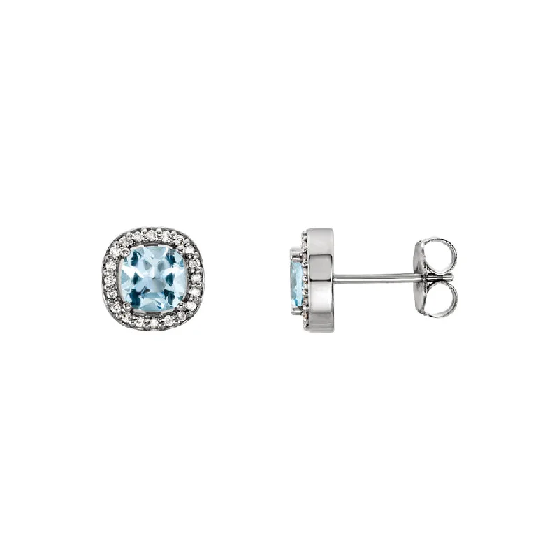 Ladies earrings size guide-Sky Blue Topaz & Diamond 8mm Square Halo Earrings in 14k White Gold