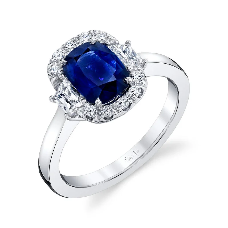 Ladies engagement rings geometric patterns-Uneek Precious Collection Halo Cushion Cut Blue Sapphire Engagement Ring