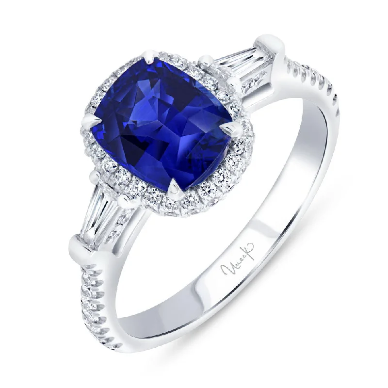 Ladies engagement rings lightweight feel-Uneek Precious Collection Halo Cushion Cut Blue Sapphire Engagement Ring