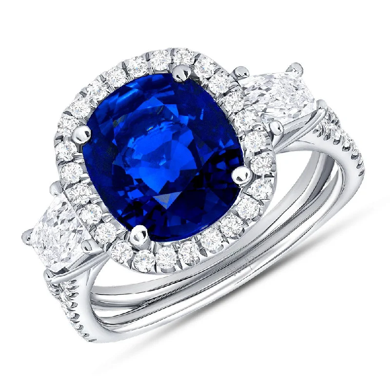 Ladies engagement rings European designs-Uneek Sapphire-and-Diamond Three-Stone Engagement Ring with Cushion-Cut Center and Pave Double Shank