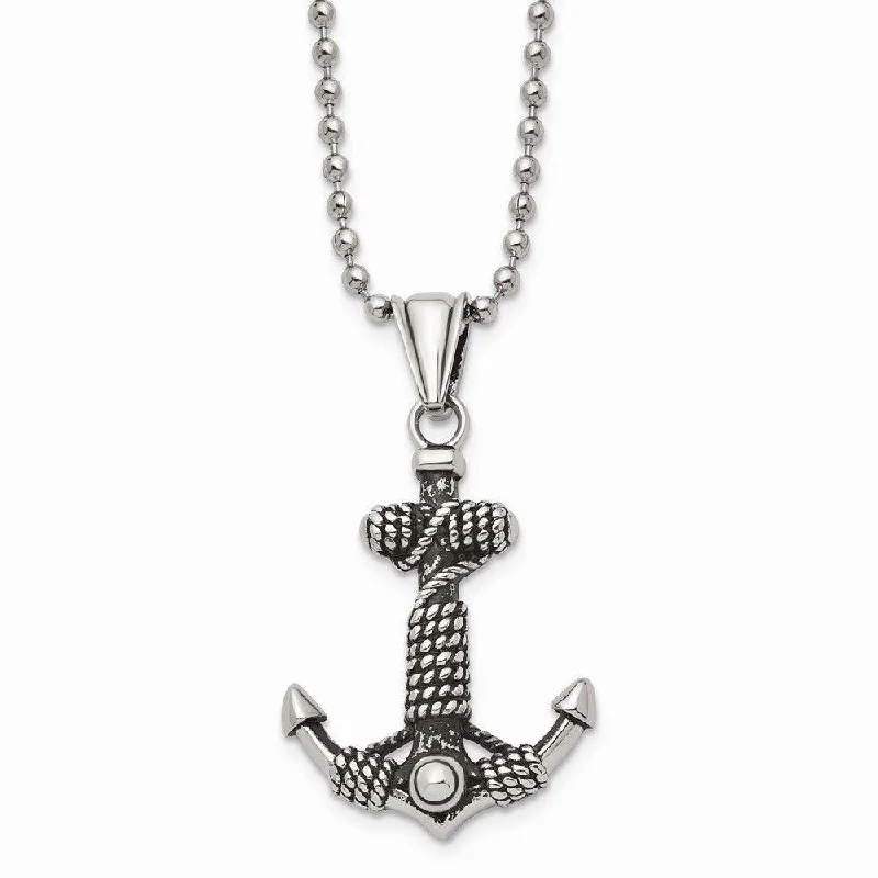 Ladies necklaces gold-plated-Stainless Steel Polished and Antiqued Anchor Necklace