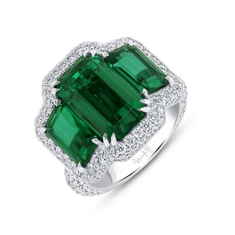 Ladies engagement rings engraved details-Uneek Precious Collection Emerald Cut Emerald Engagement Ring