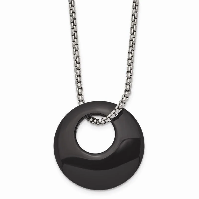 Ladies necklaces social media trends-Stainless Steel Black Onyx Large Circular Polished Necklace