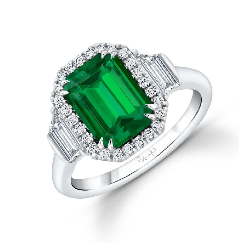 Ladies engagement rings geometric patterns-Uneek Precious Collection Halo Emerald Cut Diamond Engagement Ring