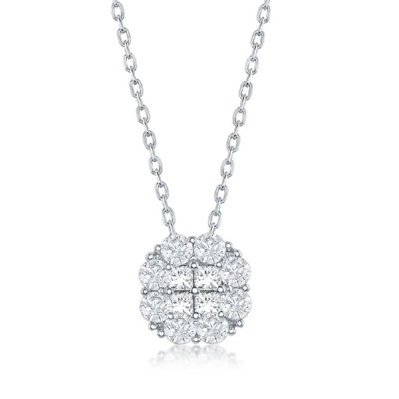 Ladies necklaces engraved names-Sterling Silver Flower Design Cubic Zirconia Necklace