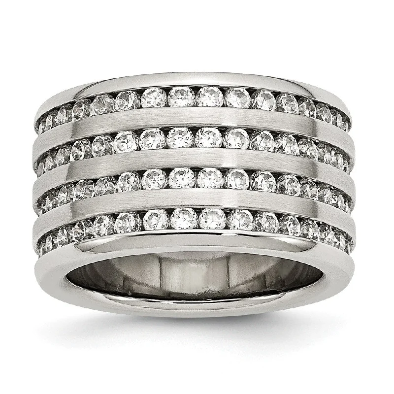 Ladies ring minimalist charm-13mm Stainless Steel And Cubic Zirconia Multi Row Band