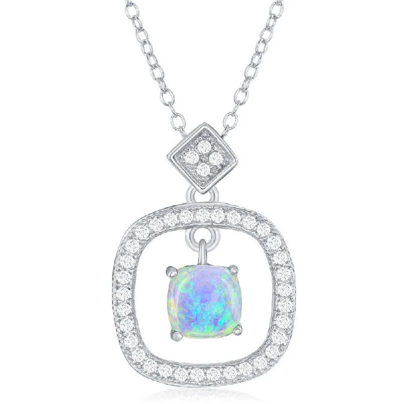 Ladies necklaces gift ideas-Sterling Silver Square CZ with White Inlay Opal Center Necklace