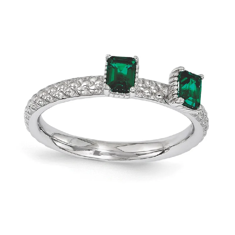 Ladies ring pearl accents-Sterling Silver Stackable Created Emerald Octagon Two Stone Ring