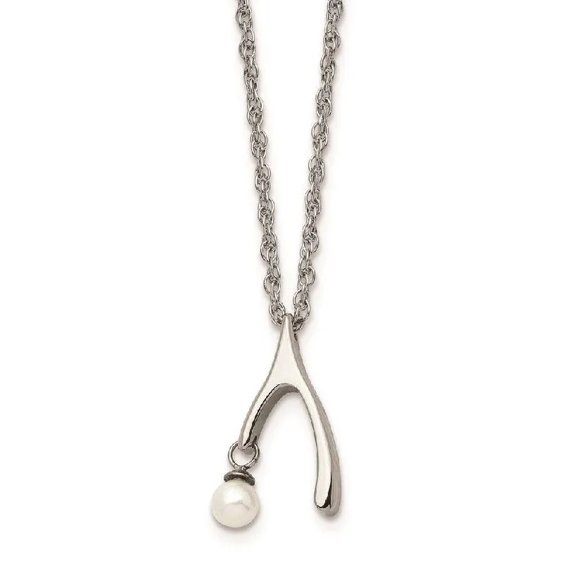 Ladies necklaces emotional keepsakes-Stainless Steel Polished Wishbone Imitation Pearl 16in Necklace