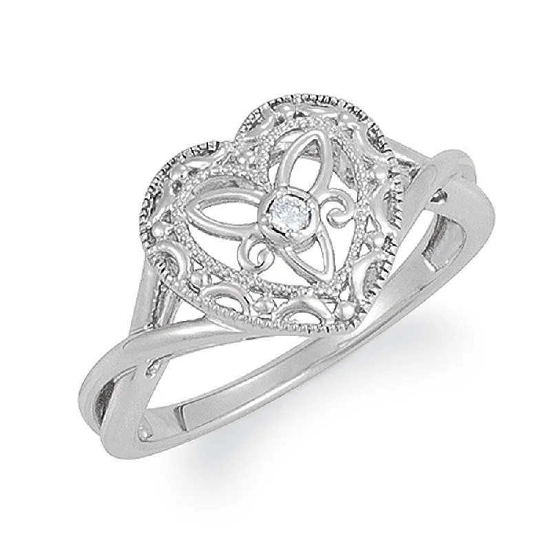 Ladies ring creative designs-Vintage Style Sterling Silver .025 Ct G-H, I2 Diamond Heart Ring