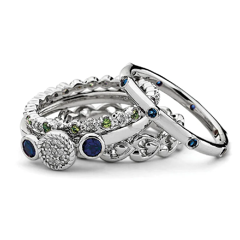 Ladies ring stacking trends-Sterling Silver Stackable Flirty Diamond & Multi Gemstone Ring Set