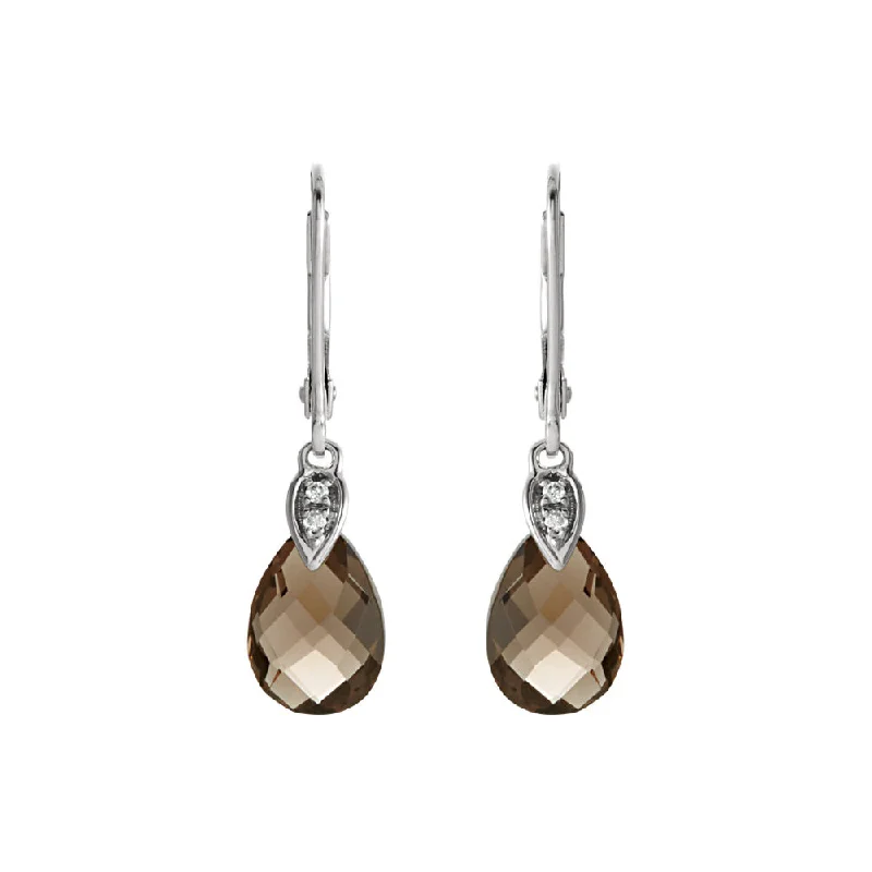 Ladies earrings luxury brands-Smoky Quartz Briolette & Diamond Lever Back Earrings in 14k White Gold