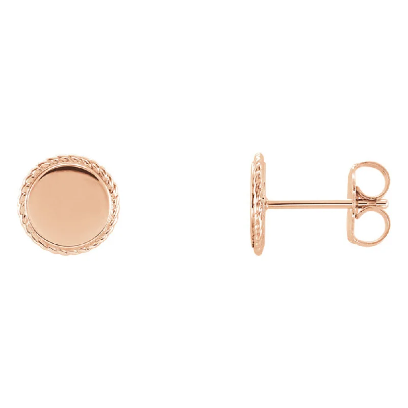 Ladies earrings viral picks-8mm (5/16 Inch) 14k Rose Gold Engravable Rope Edge Circle Earrings