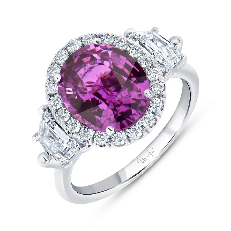 Ladies engagement rings sale events-Uneek Precious Collection 3-Stone-Halo Oval Shaped Pink Sapphire Engagement Ring