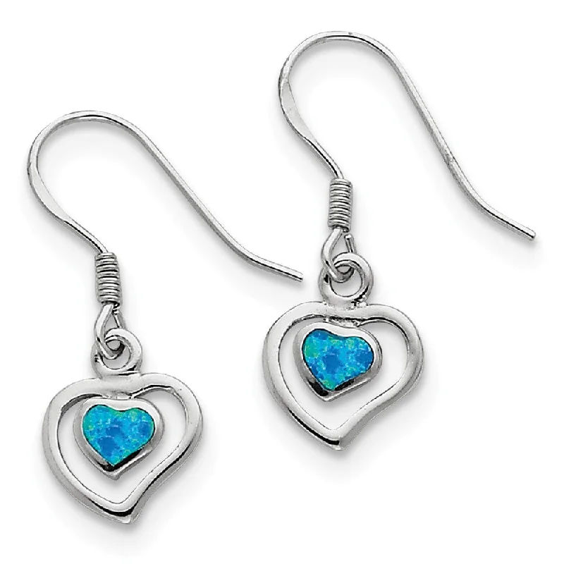 Ladies earrings birthday presents-10mm Created Blue Opal Double Heart Dangle Earrings in Sterling Silver