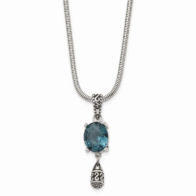 Ladies necklaces office looks-Stainless Steel Polished/Antiqued Blue Glass w/2 in ext. Necklace