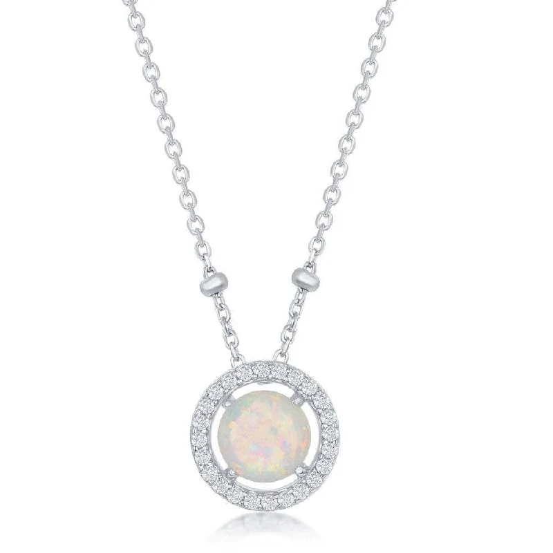 Ladies necklaces worldwide trends-Sterling Silver Round White Opal with CZ Halo Beads Necklace