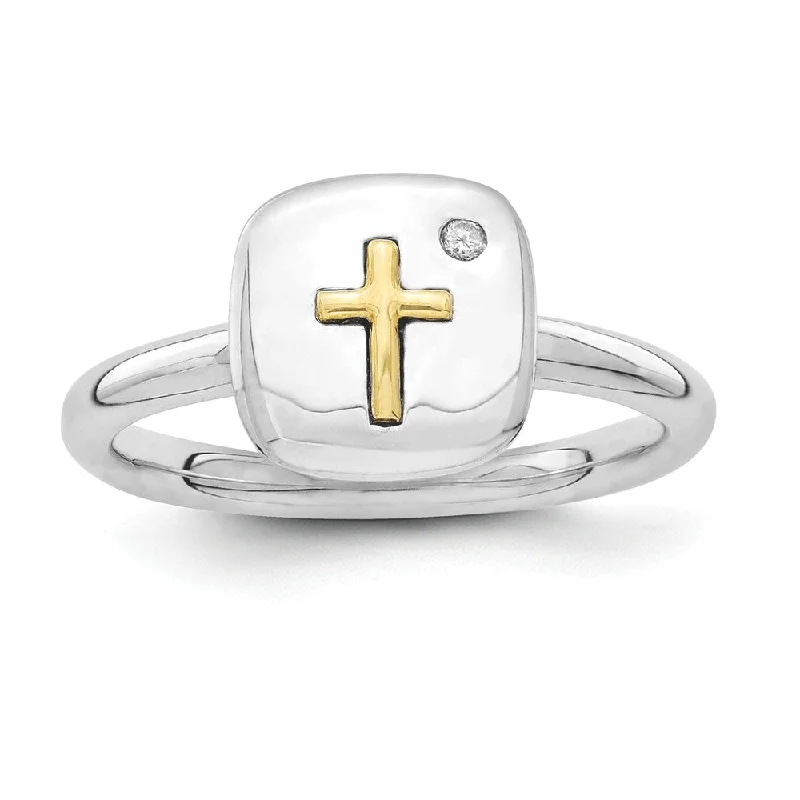 Ladies ring white gold-Sterling Silver & 14k Gold Cross Stackable .015ct I3 H-I Diamond Ring