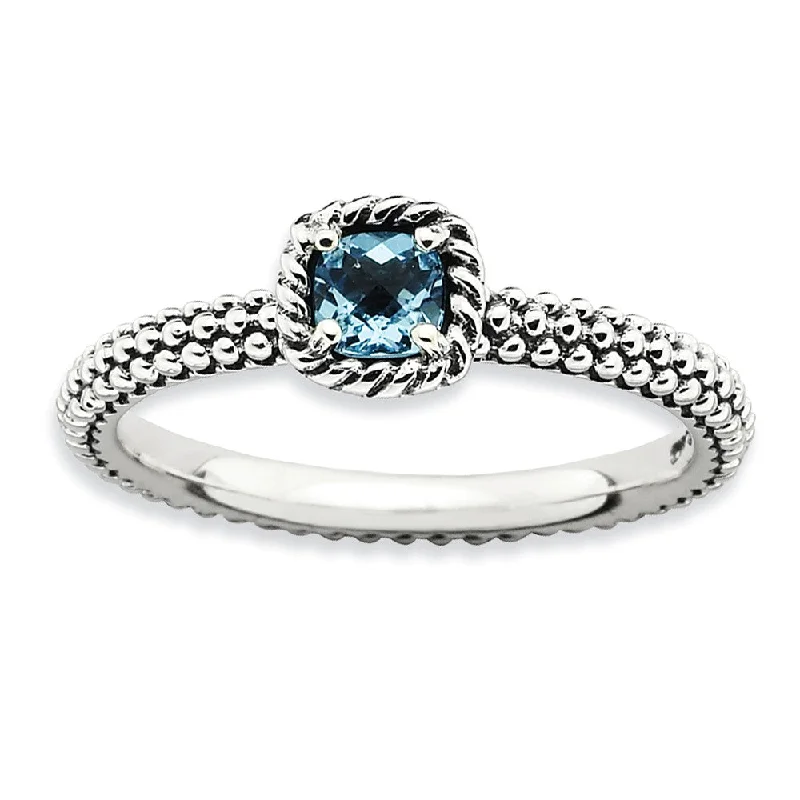 Ladies ring heart shapes-Antiqued Sterling Silver Stackable Blue Topaz Ring