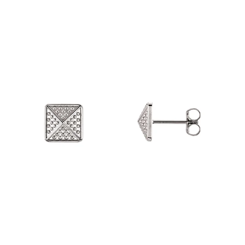 Ladies earrings age suitability-8mm Textured Square Pyramid Stud Earrings in 14k White Gold