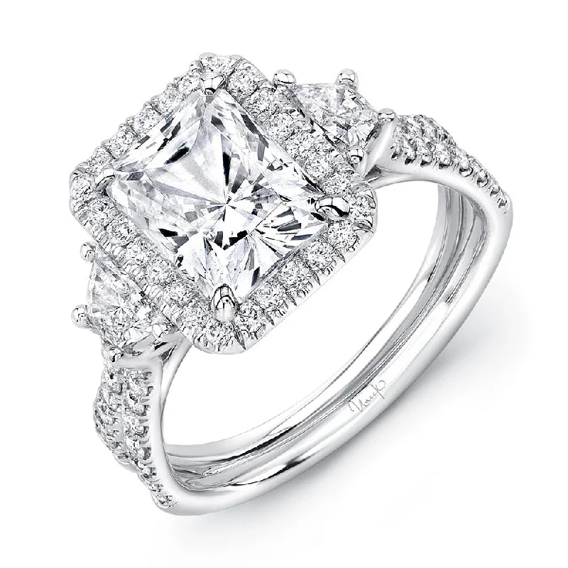 Ladies engagement rings investment value-Uneek Radiant-Center Three-Stone Engagement Ring with Pave Double Shank