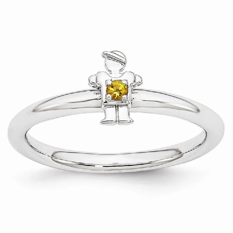 Ladies ring hypoallergenic-Rhodium Plated Sterling Silver Stackable Citrine 7mm Boy Ring