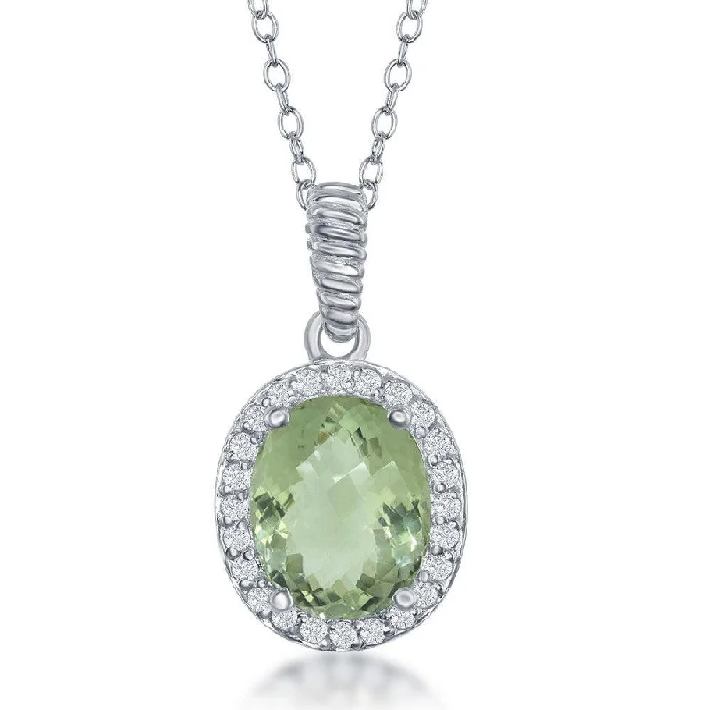 Ladies necklaces gold designs-Sterling Silver Oval Green Amethyst with Topaz Border Necklace