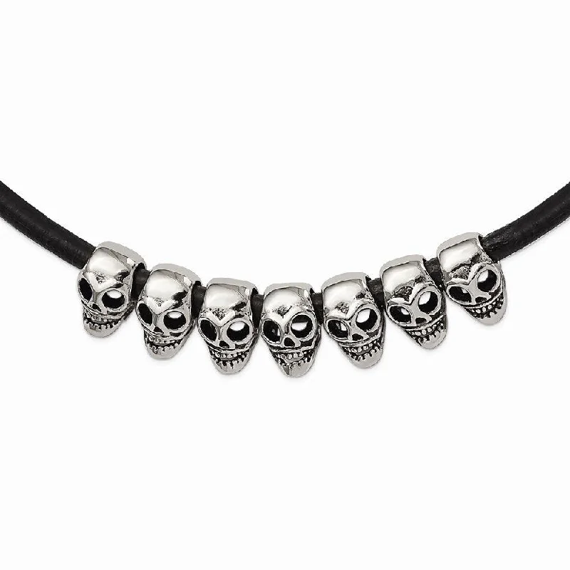 Ladies necklaces light luxury-Stainless Steel Polished/Antiqued Skulls Black Leather Cord Necklace