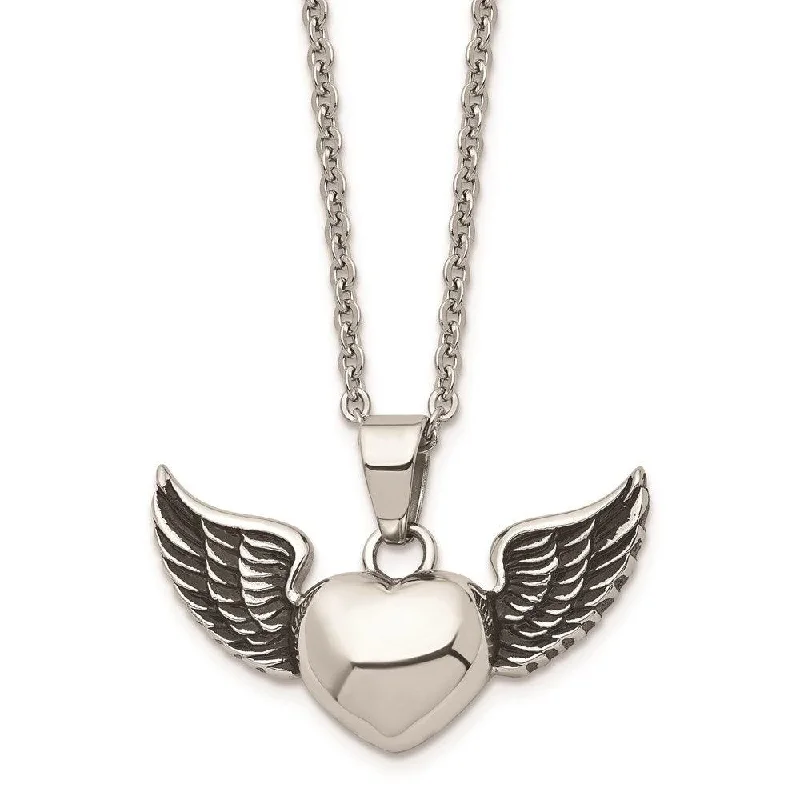 Ladies necklaces ruby gems-Stainless Steel Antiqued and Polished Heart with Wings Necklace