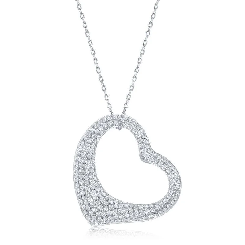 Ladies necklaces friendship tokens-Sterling Silver Large Micro Pave Open Heart CZ Necklace