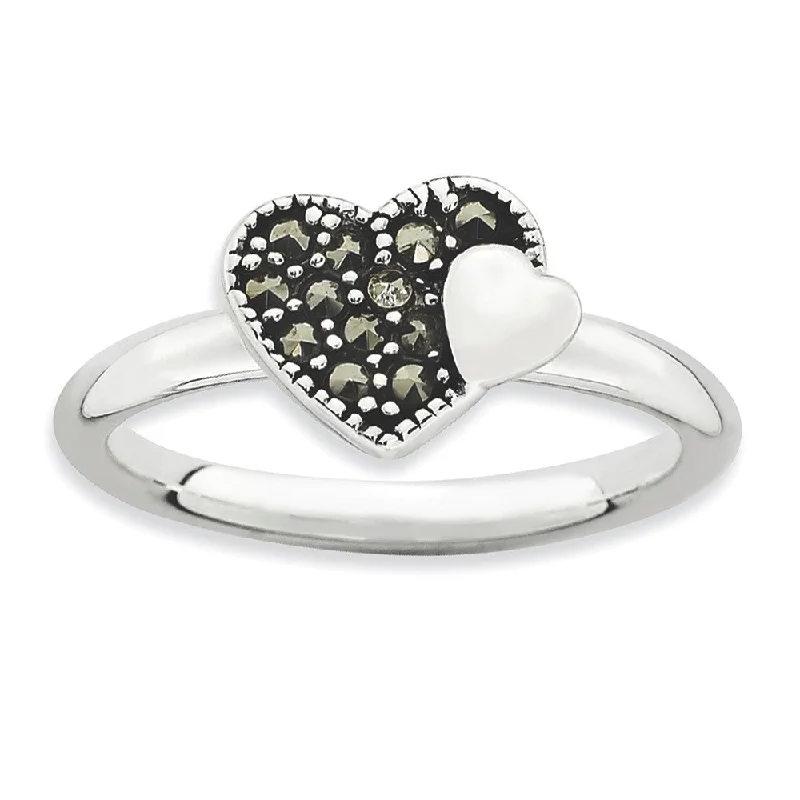 Ladies ring custom made-2.25mm Sterling Silver Stackable Marcasite Heart Ring