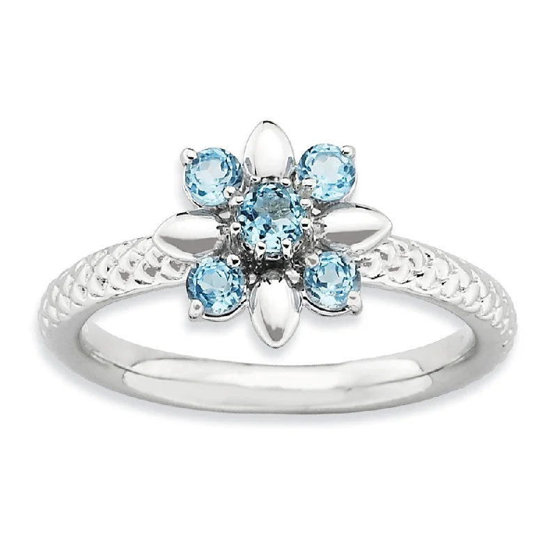 Ladies ring luxurious designs-Silver Stackable 1/2 Cttw Blue Topaz Flower Ring