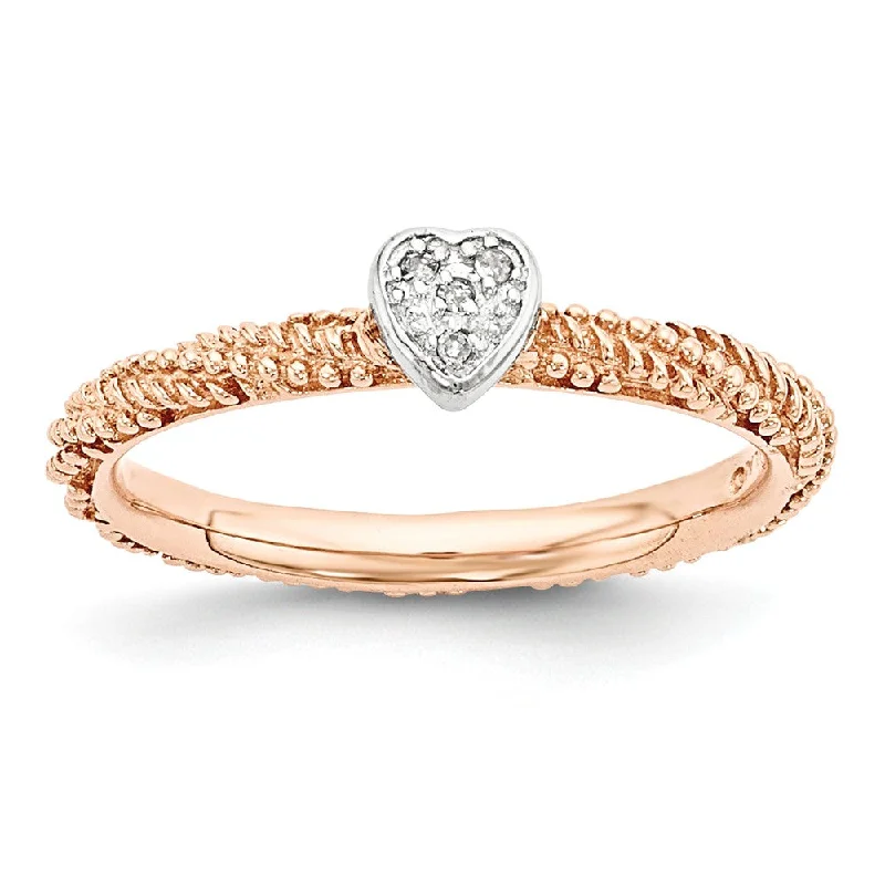 Ladies ring geometric patterns-Rose Gold Tone Sterling Silver .02 Ctw Diamond 5mm Heart Stackble Ring