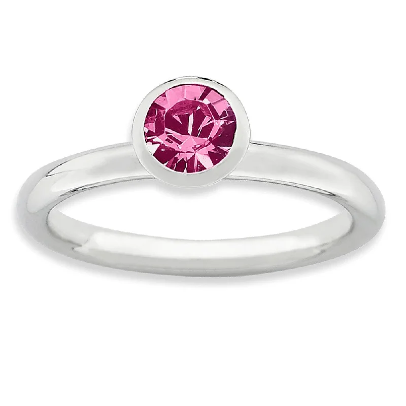 Ladies ring engraved names-5mm High Profile Sterling Silver w/ Pink Crystals Stack Ring