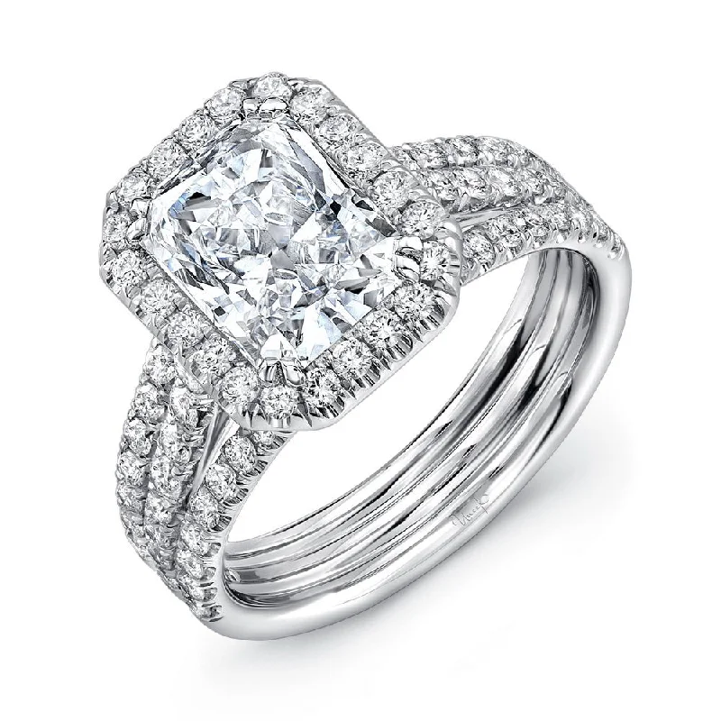 Ladies engagement rings vintage-inspired-Uneek Radiant Diamond Halo Engagement Ring with Pave Triple Shank