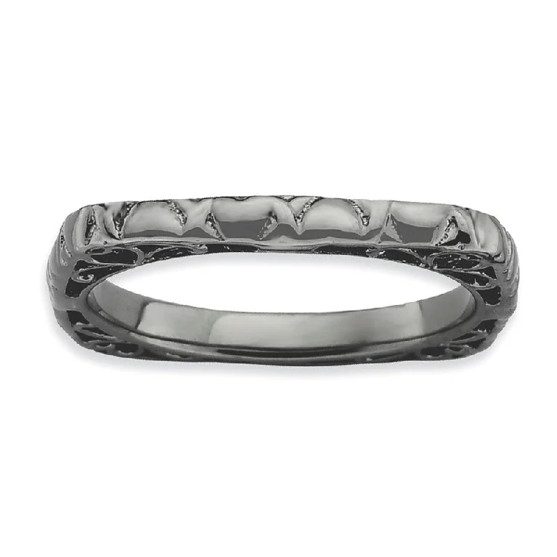 Ladies ring stacking trends-2.25mm Stackable Black Plated Silver Square Heart Band