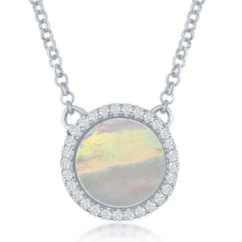 Ladies necklaces affordable picks-Sterling Silver Round MOP with CZ Border Necklace